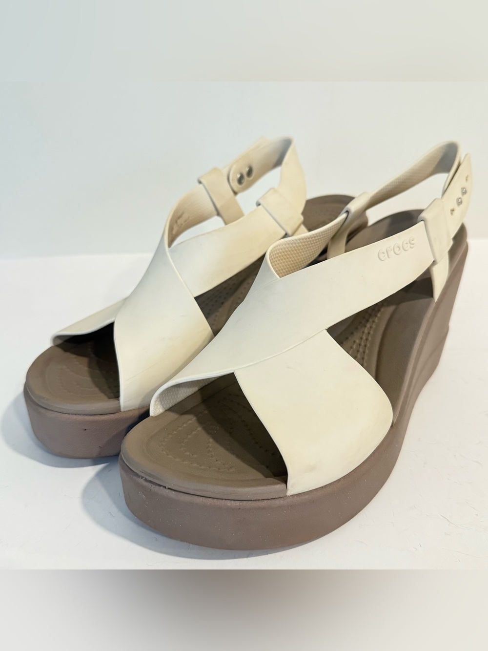 Crocs Brooklyn High Wedge Sandals Size 10 Almond Taupe LiteRide Slingback Heel